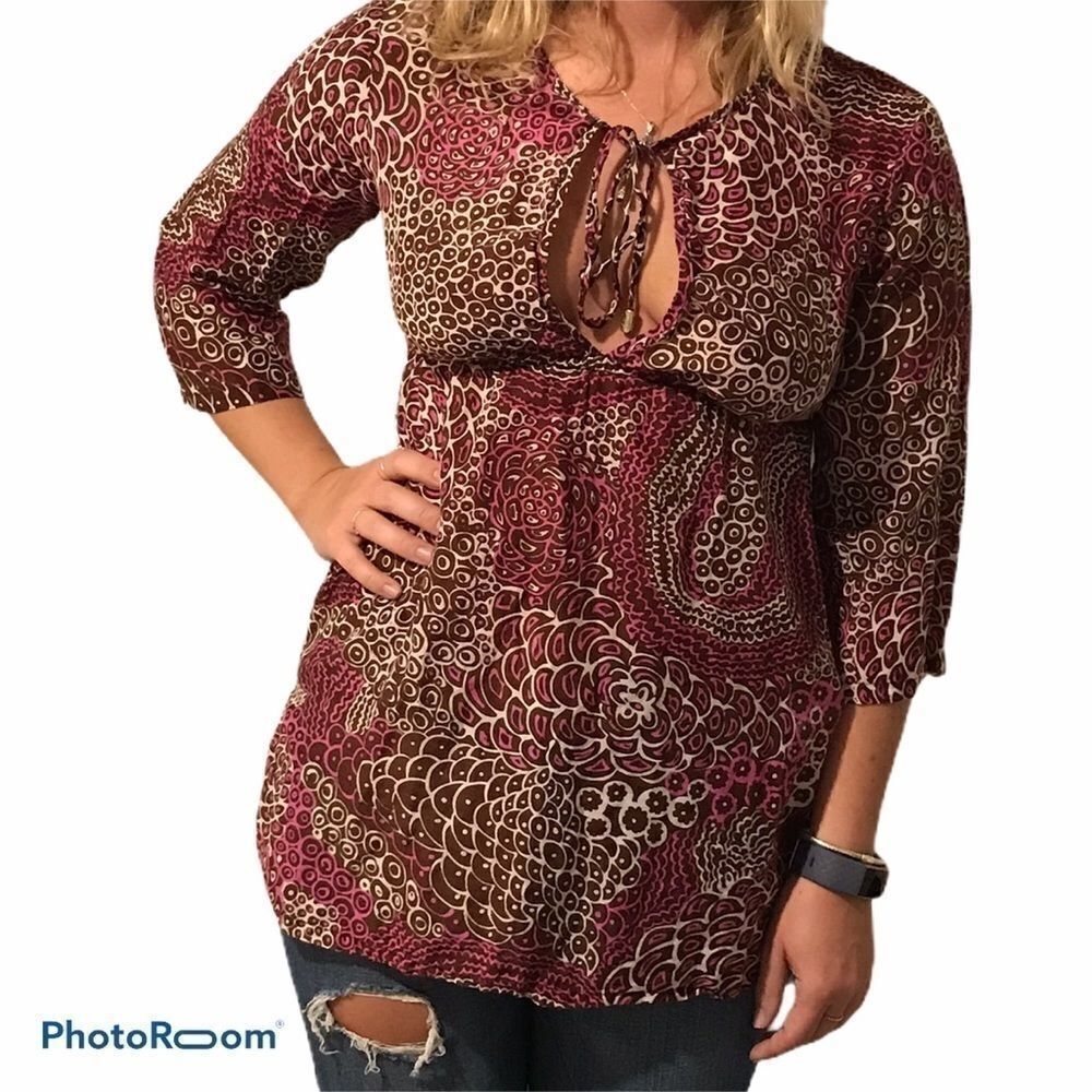 Trina Turk Printed Tunic Top Keyhole Tie Neck 3/4 Sleeve Size 4